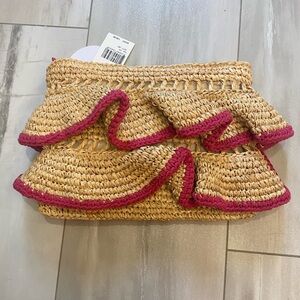 NWT BTB Straw Raffia Layered Ruffled Joey Clutch with Pink Trim and Zip Closure